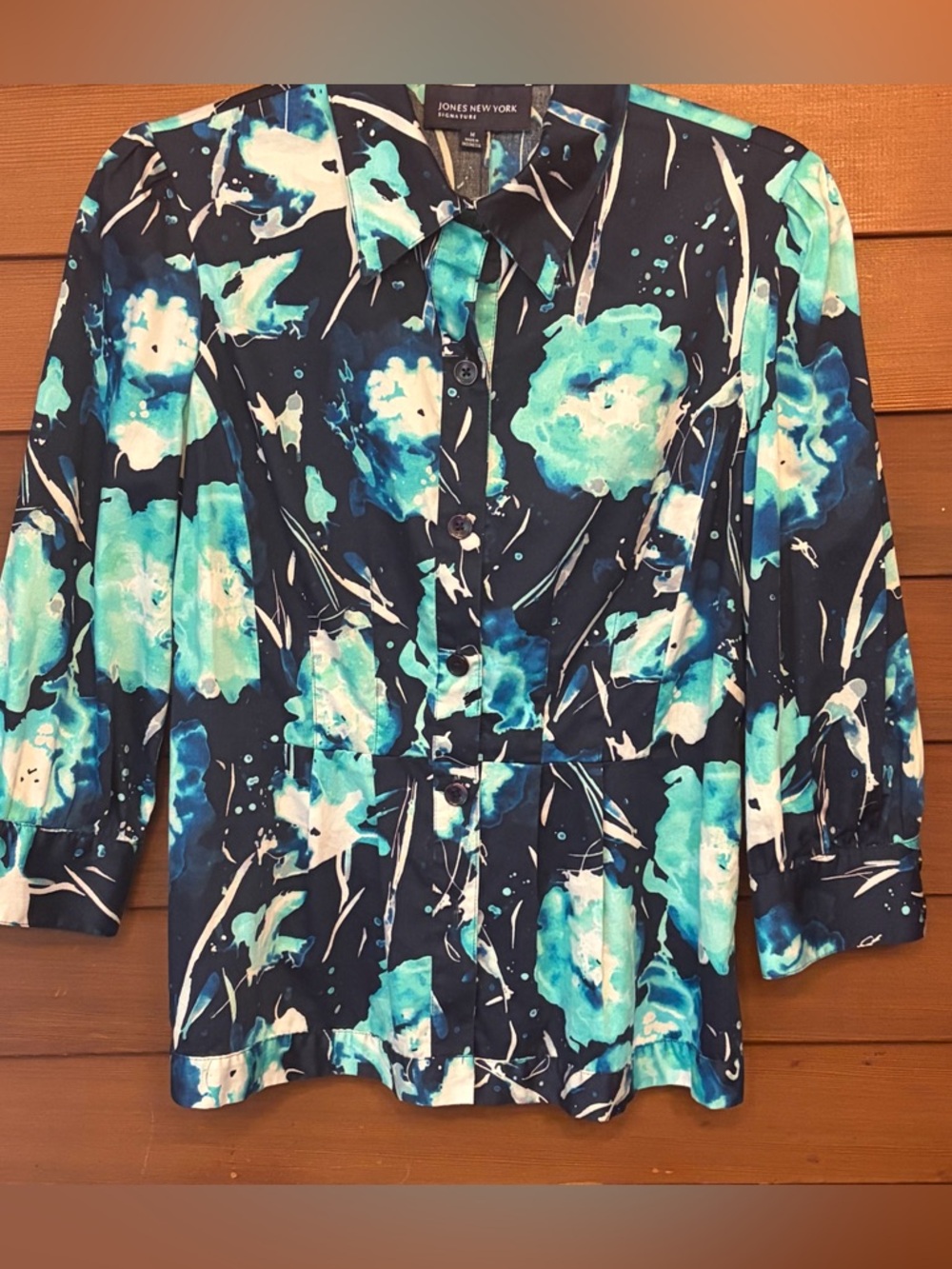 Jones New York Signature Blue Floral Button Up Blouse Jacket 3/4 Sleeve size-M
